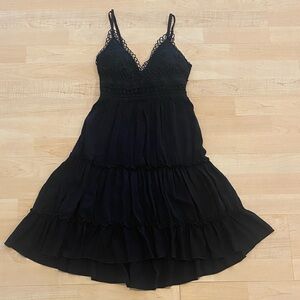 Black Lace-Trim Tiered Spaghetti-Strap Mini Dress